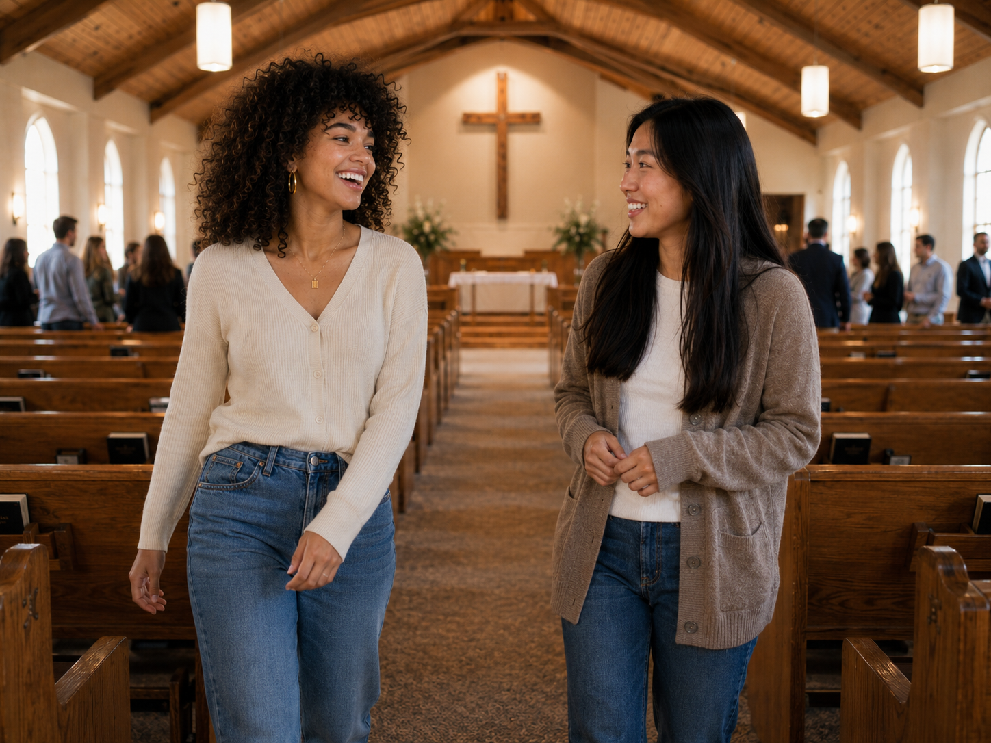 Two church members talking together in a worship space